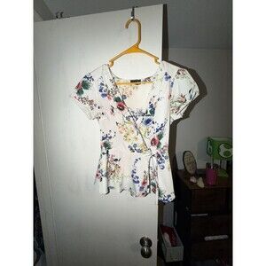OLM Floral Print Short Sleeve Wrap Peplum Blouse MEDIUM